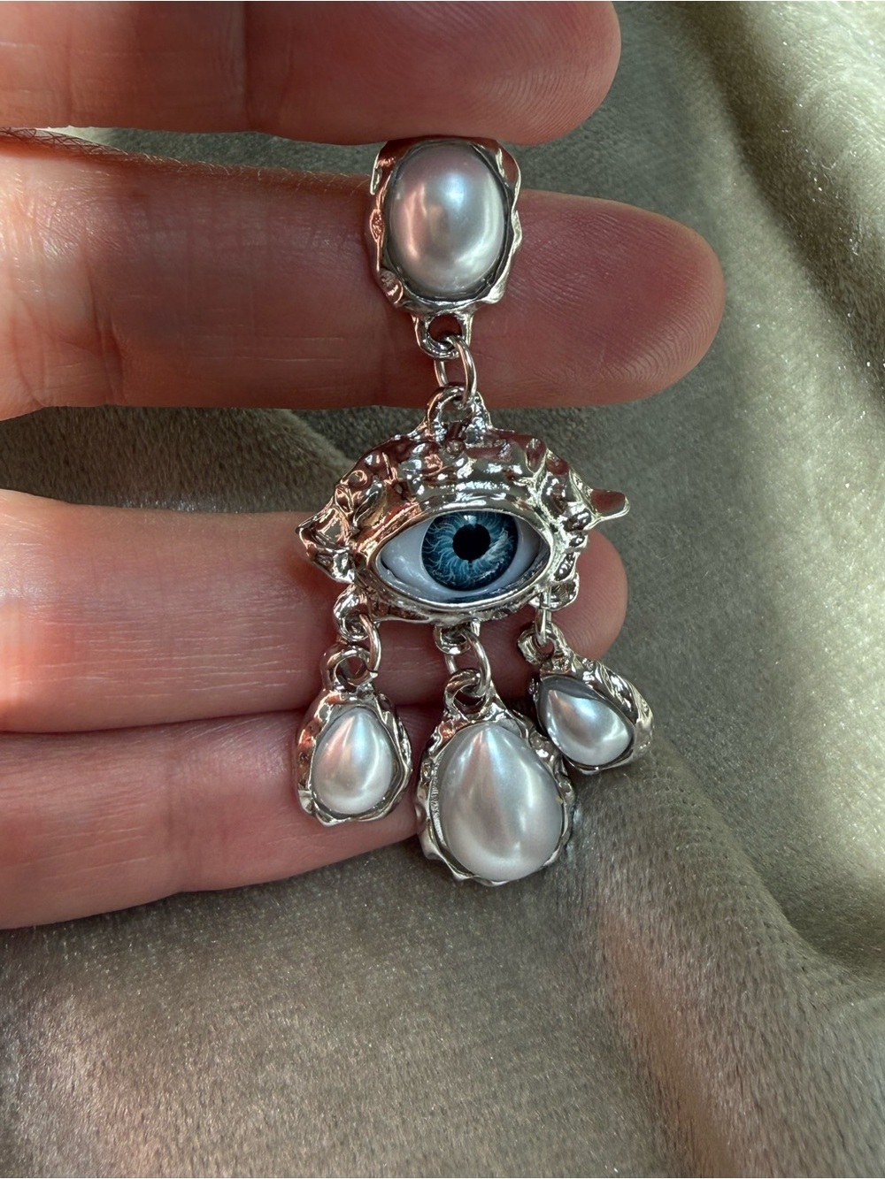 Blue Evil Eye Drop Earrings with Pearl Accents - Picture 3 of 5